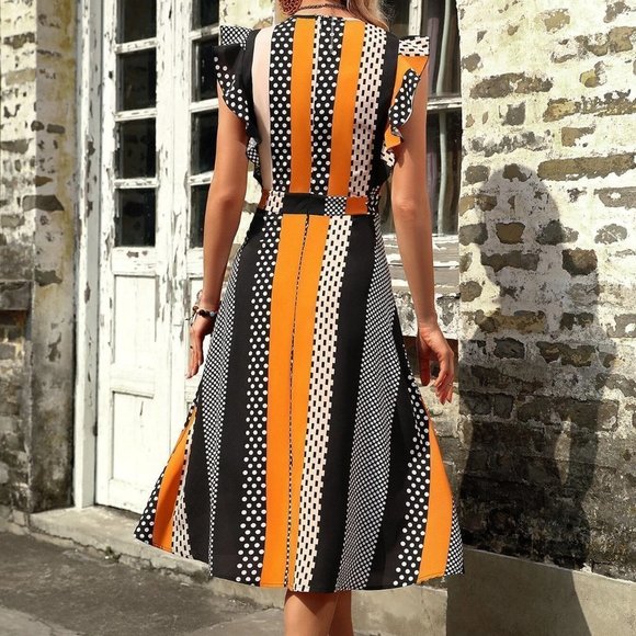 Multicolor Boho womens Polka Dot & Geo Print Ruffle Trim Dress - Picture 5 of 5